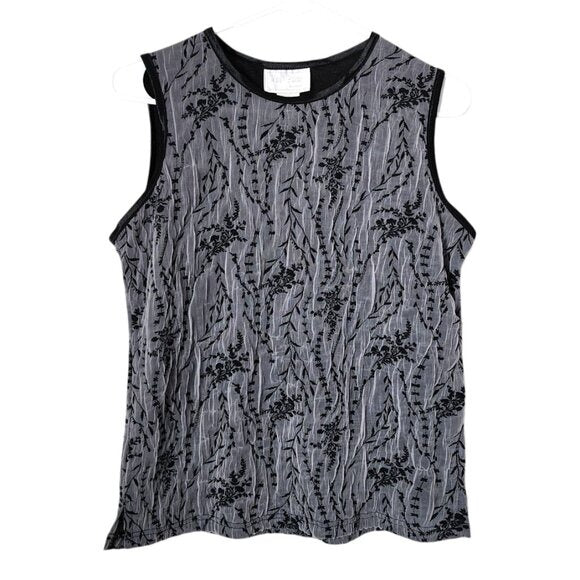 VUE POINT VINTAGE 90s Crinkle Mesh Sheer Tank Top Black Floral Overlay S