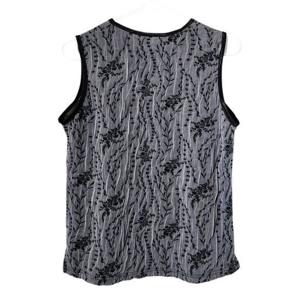 VUE POINT VINTAGE 90s Crinkle Mesh Sheer Tank Top Black Floral Overlay S