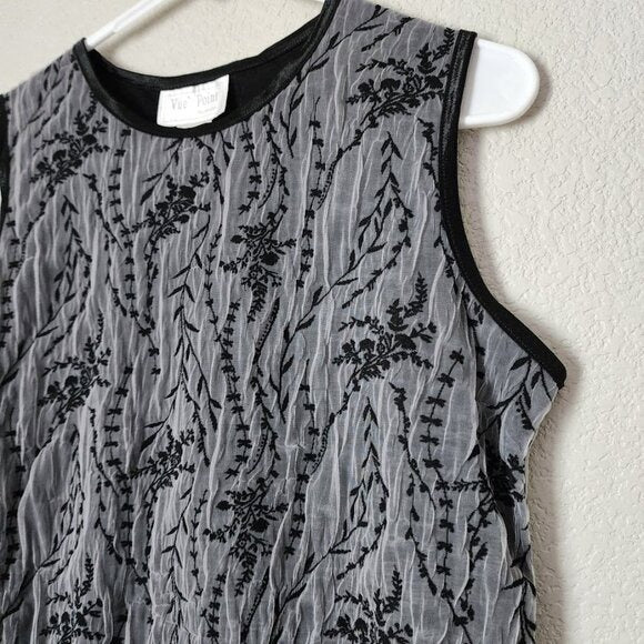 VUE POINT VINTAGE 90s Crinkle Mesh Sheer Tank Top Black Floral Overlay S