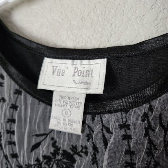 VUE POINT VINTAGE 90s Crinkle Mesh Sheer Tank Top Black Floral Overlay S