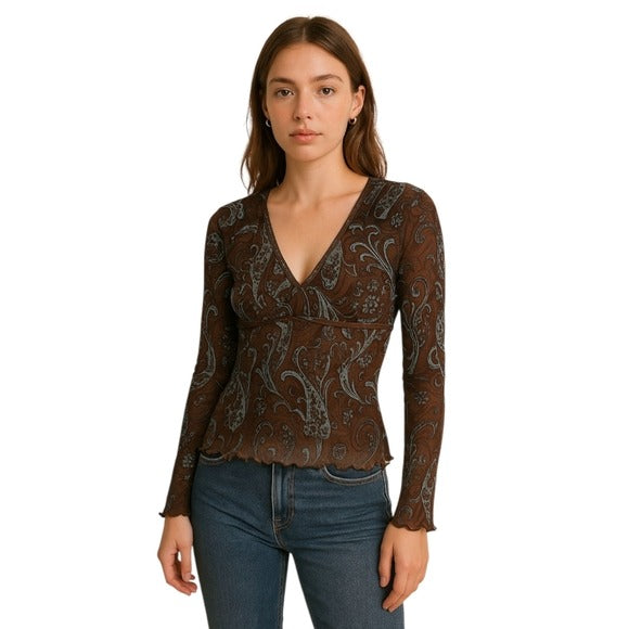 AXCESS Y2K Babydoll Paisley Print Long Sleeve Lettuce hem Top Brown Blue Sheer M