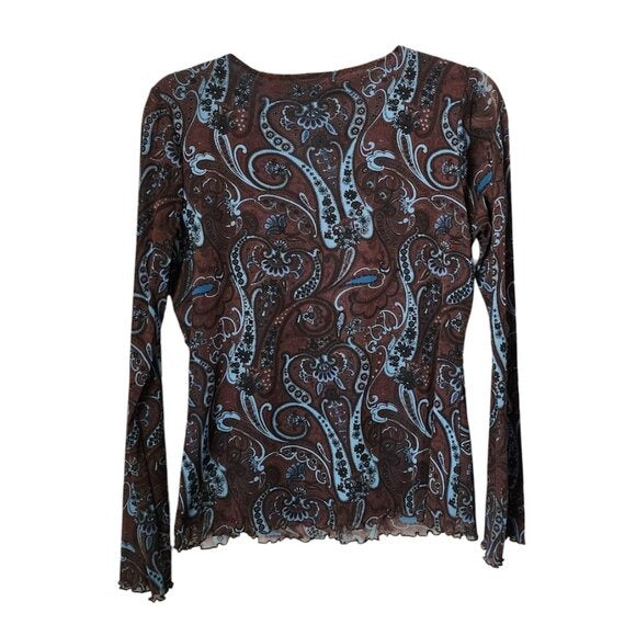 AXCESS Y2K Babydoll Paisley Print Long Sleeve Lettuce hem Top Brown Blue Sheer M