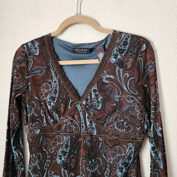 AXCESS Y2K Babydoll Paisley Print Long Sleeve Lettuce hem Top Brown Blue Sheer M