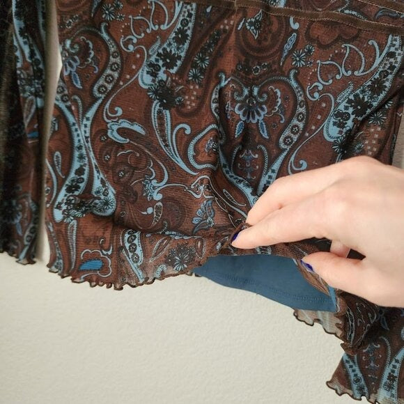 AXCESS Y2K Babydoll Paisley Print Long Sleeve Lettuce hem Top Brown Blue Sheer M