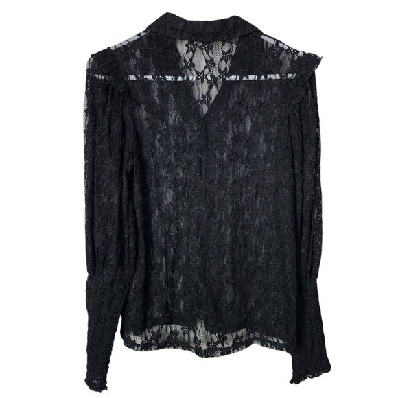 AMBER SHU Sheer button front lace top Romantic Fairycore Lace Ruffle Blouse S