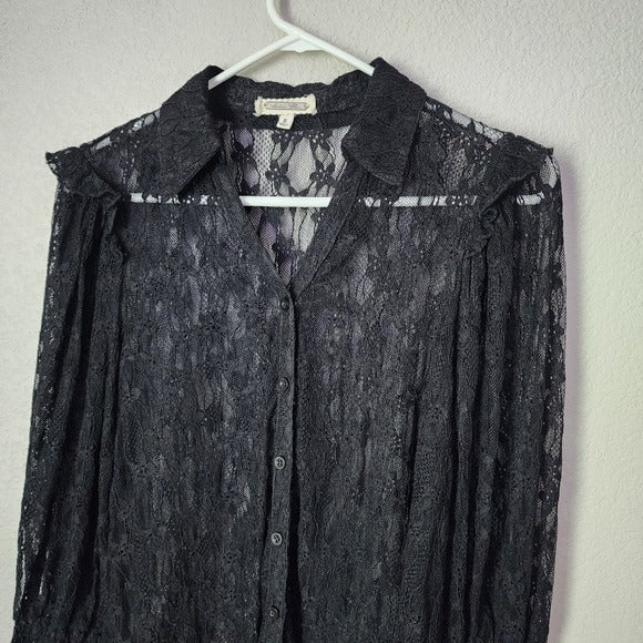 AMBER SHU Sheer button front lace top Romantic Fairycore Lace Ruffle Blouse S