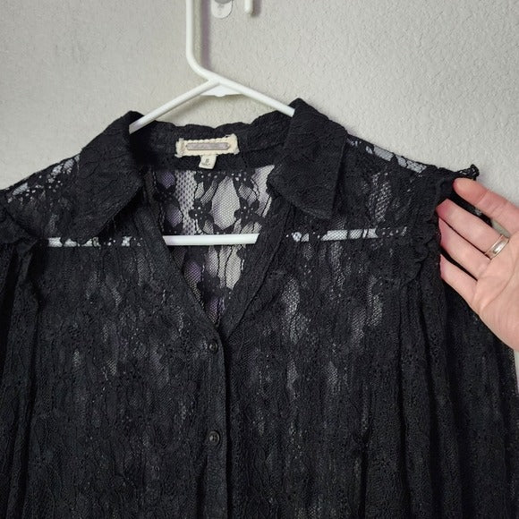 AMBER SHU Sheer button front lace top Romantic Fairycore Lace Ruffle Blouse S