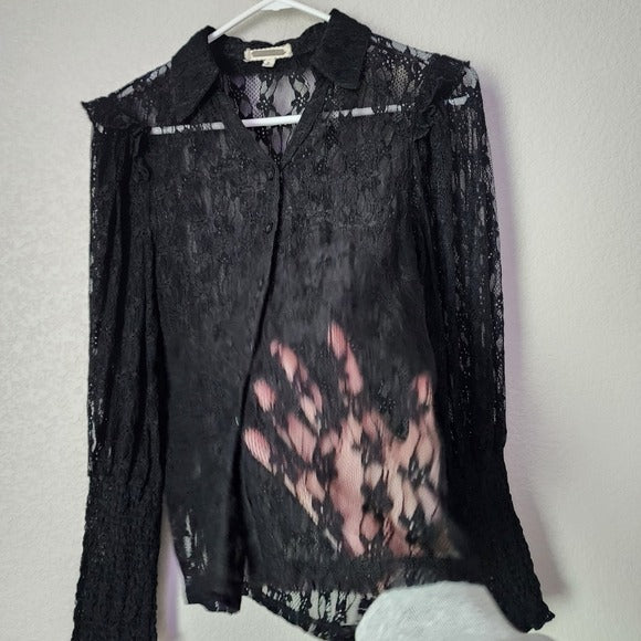 AMBER SHU Sheer button front lace top Romantic Fairycore Lace Ruffle Blouse S