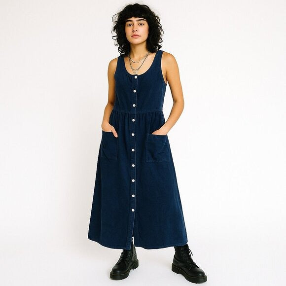VTG THE VERMONT COUNTRY STORE Button Front Maxi Dress Corduroy Indigo Blue S