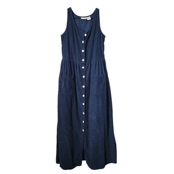 VTG THE VERMONT COUNTRY STORE Button Front Maxi Dress Corduroy Indigo Blue S