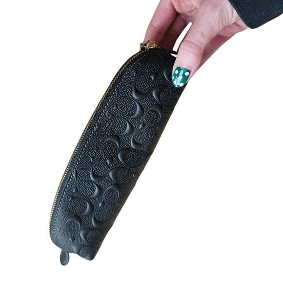 COACH Black Leather Embossed Signature C Pencil Case Zippered Pouch