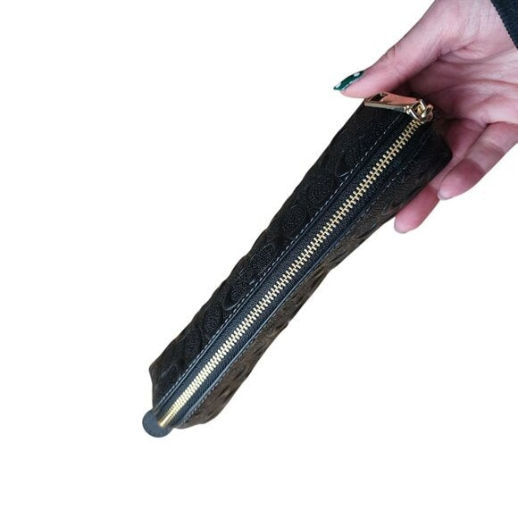 COACH Black Leather Embossed Signature C Pencil Case Zippered Pouch