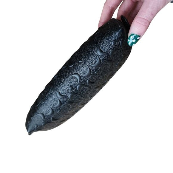COACH Black Leather Embossed Signature C Pencil Case Zippered Pouch