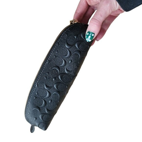 COACH Black Leather Embossed Signature C Pencil Case Zippered Pouch