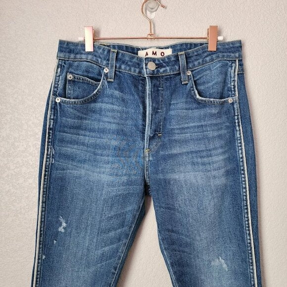 AMO Babe Side Pipe Slim Straight Raw hem jeans in Old School dark wash size 30