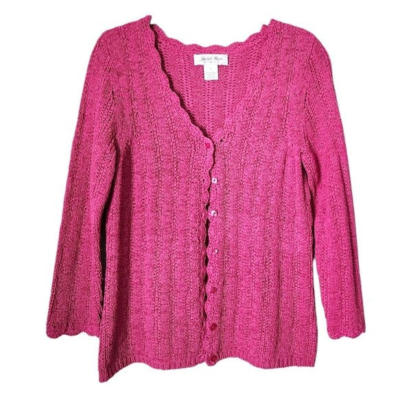 JUDITH HART VINTAGE 90s Pink Scallop Open Knit Button Cardigan Sweater Size M