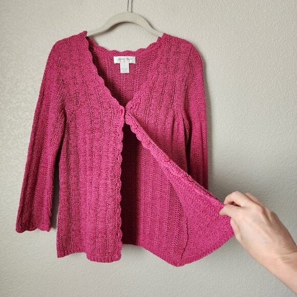 JUDITH HART VINTAGE 90s Pink Scallop Open Knit Button Cardigan Sweater Size M