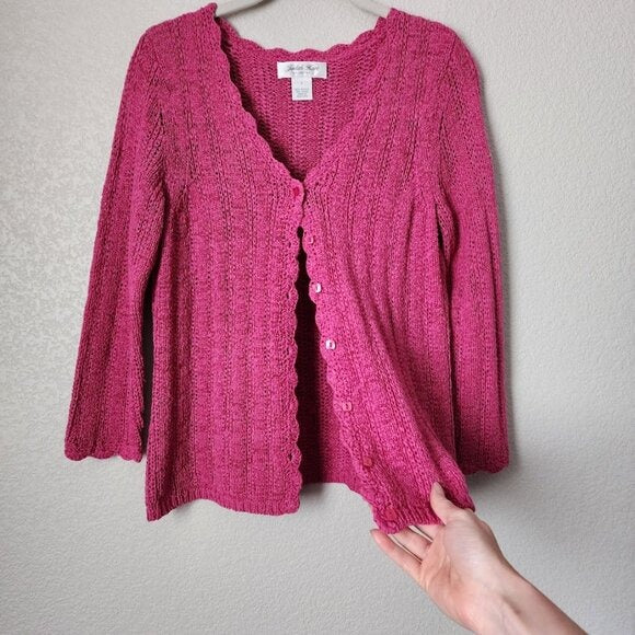 JUDITH HART VINTAGE 90s Pink Scallop Open Knit Button Cardigan Sweater Size M