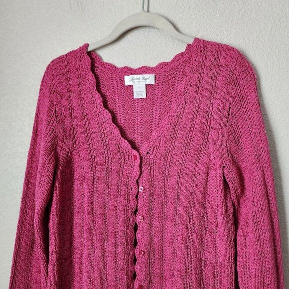 JUDITH HART VINTAGE 90s Pink Scallop Open Knit Button Cardigan Sweater Size M