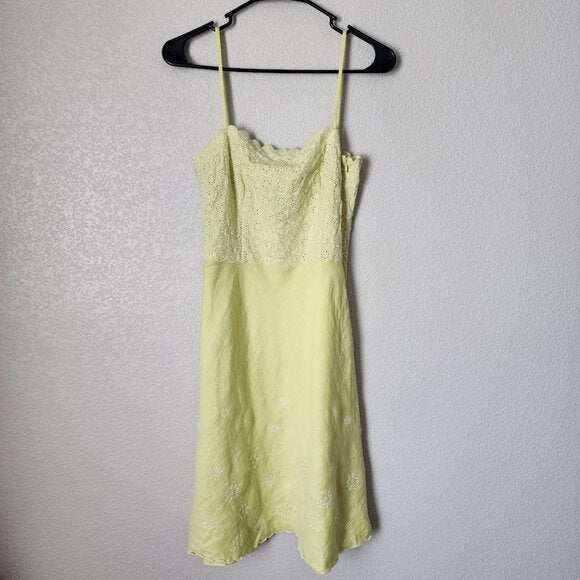 ANN TAYLOR x VINTAGE 100% linen dress lemon eyelet scalloped print summer 2