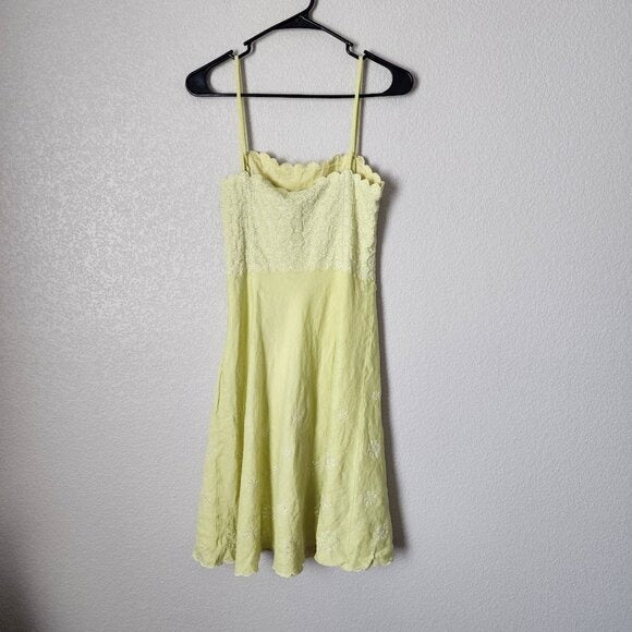 ANN TAYLOR x VINTAGE 100% linen dress lemon eyelet scalloped print summer 2