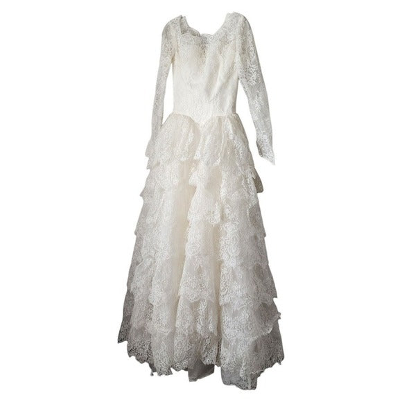 ALFRED ANGELO VTG Cupcake Ruffle Lace Wedding Gown Long Sleeve Sweetheart