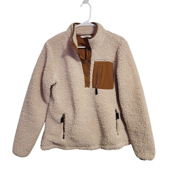 ORVIS Sherpa Fleece Snap Pullover Tan Brown Chest Pocket Cozy Outdoor Layer M
