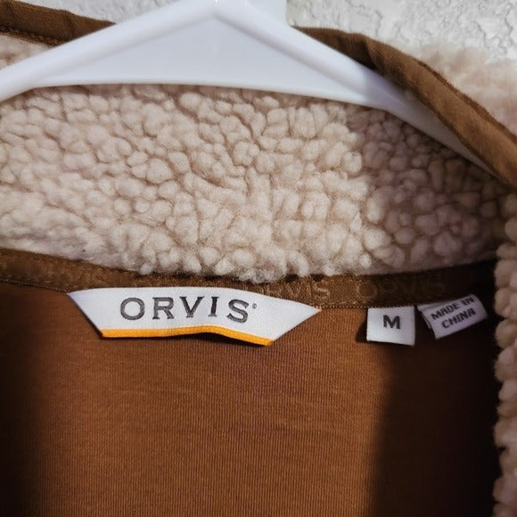 ORVIS Sherpa Fleece Snap Pullover Tan Brown Chest Pocket Cozy Outdoor Layer M