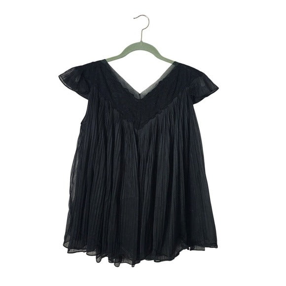 ROGERS VINTAGE 60s Black Pleated Nylon Tricot Babydoll Lingerie Nightie M