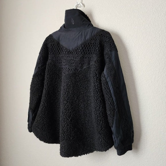 FREE PEOPLE MOVEMENT Care Seaside Fleece Crochet Eyelet 1/4 Zip Jacket Black XS