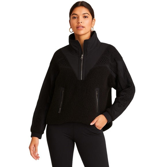 FREE PEOPLE MOVEMENT Care Seaside Fleece Crochet Eyelet 1/4 Zip Jacket Black XS