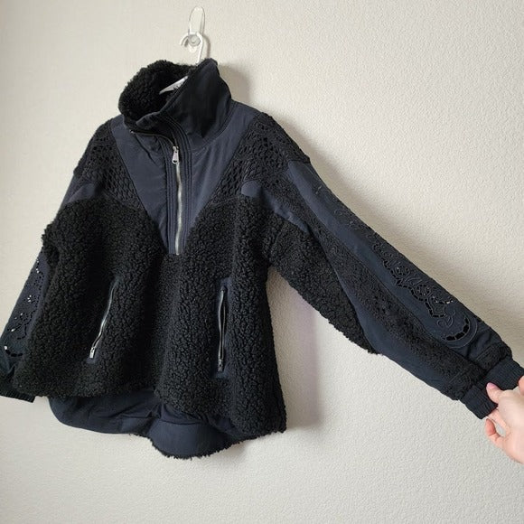 FREE PEOPLE MOVEMENT Care Seaside Fleece Crochet Eyelet 1/4 Zip Jacket Black XS