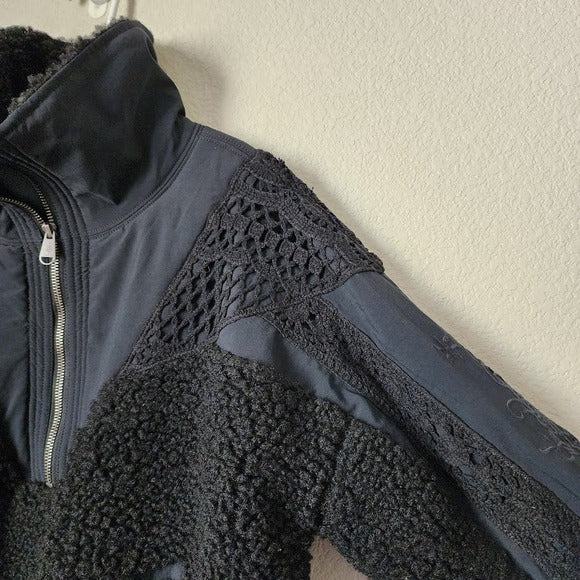 FREE PEOPLE MOVEMENT Care Seaside Fleece Crochet Eyelet 1/4 Zip Jacket Black XS