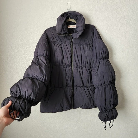 FREE PEOPLE Solid Cotton Candy Puffer Jacket Charcoal Drawstring Cuffs Size S