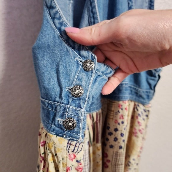 JANE ASHLEY 90s Patchwork Print Floral Sundress Farmgirl Denim Bib Jumper Dress