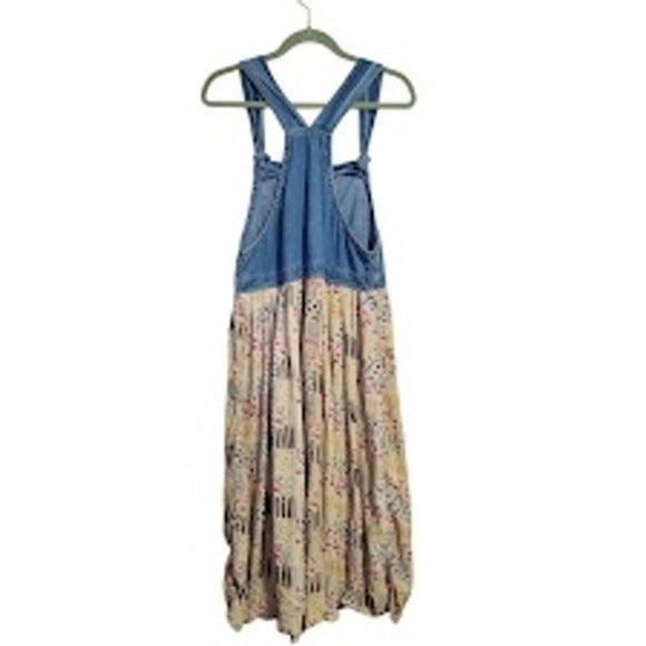 JANE ASHLEY 90s Patchwork Print Floral Sundress Farmgirl Denim Bib Jumper Dress
