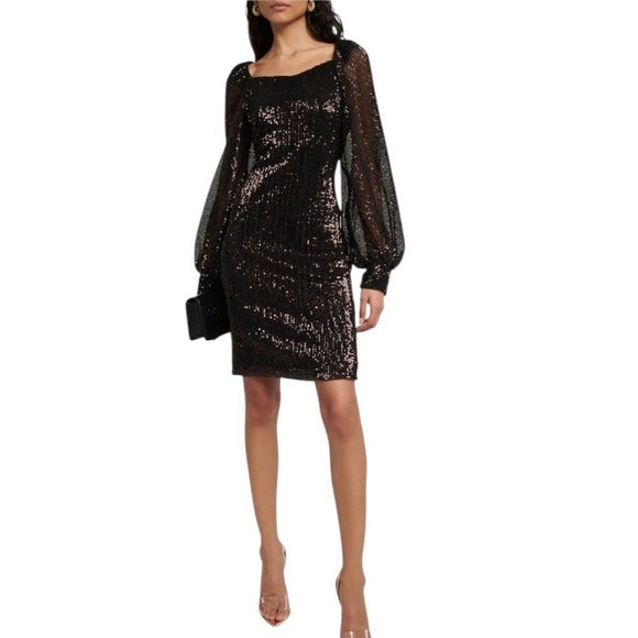DOROTHEE SCHUMACHER Sparkling Moment Sequined Minidress Mesh Sleeves Brown 2