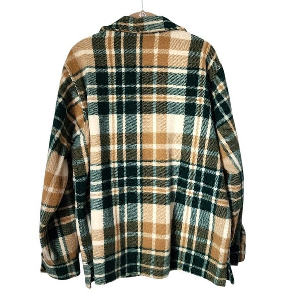VINTAGE EDDIE BAUER Wool Plaid Shirt Jacket Green Tan camel Made USA Shacket M
