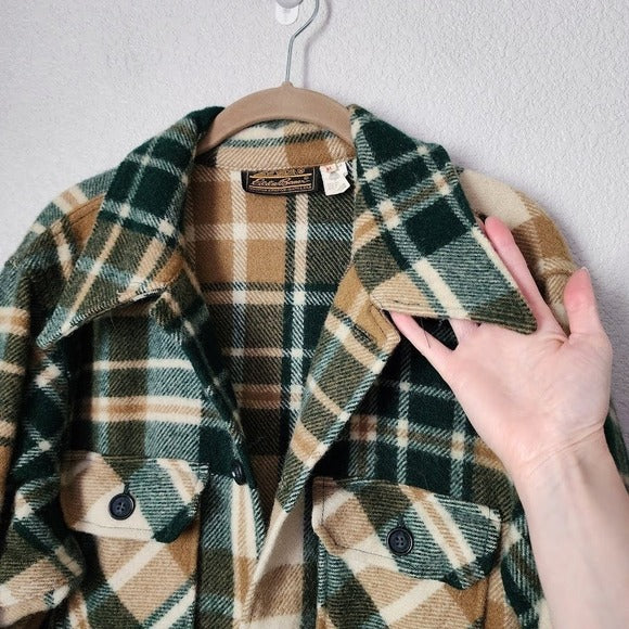 VINTAGE EDDIE BAUER Wool Plaid Shirt Jacket Green Tan camel Made USA Shacket M