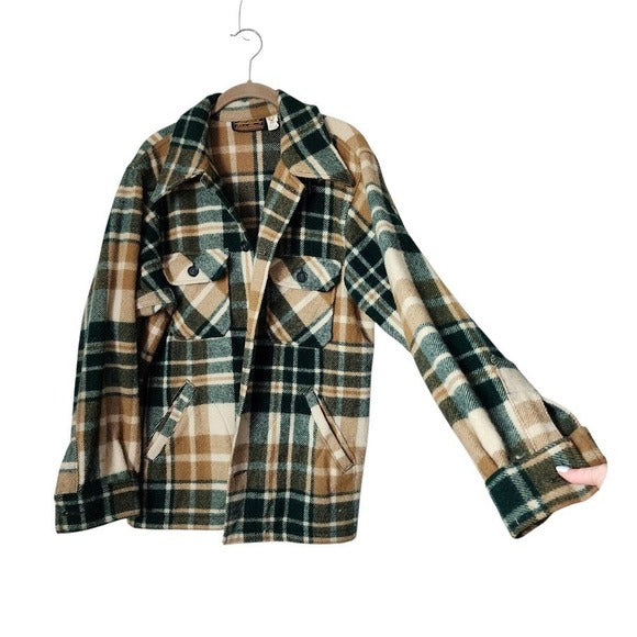VINTAGE EDDIE BAUER Wool Plaid Shirt Jacket Green Tan camel Made USA Shacket M