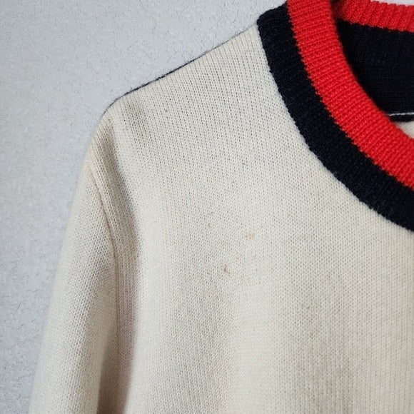 VINTAGE FILA Lambswool Sweater Cream Navy Red Logo Pullover Made in Italy 44