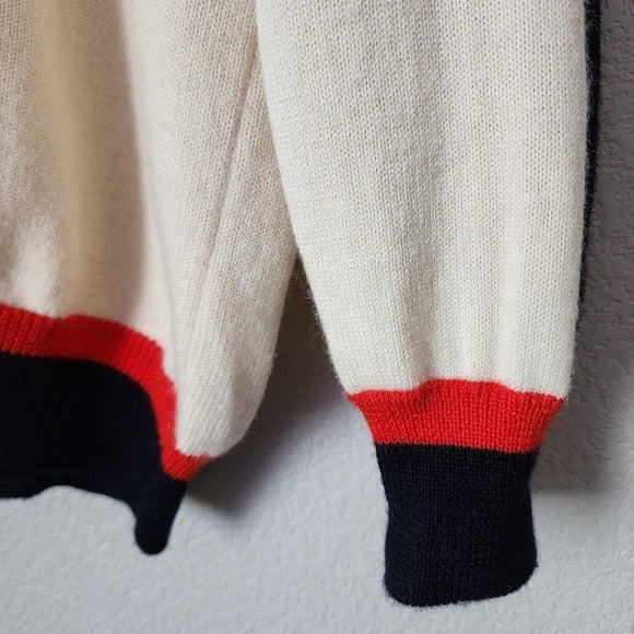 VINTAGE FILA Lambswool Sweater Cream Navy Red Logo Pullover Made in Italy 44