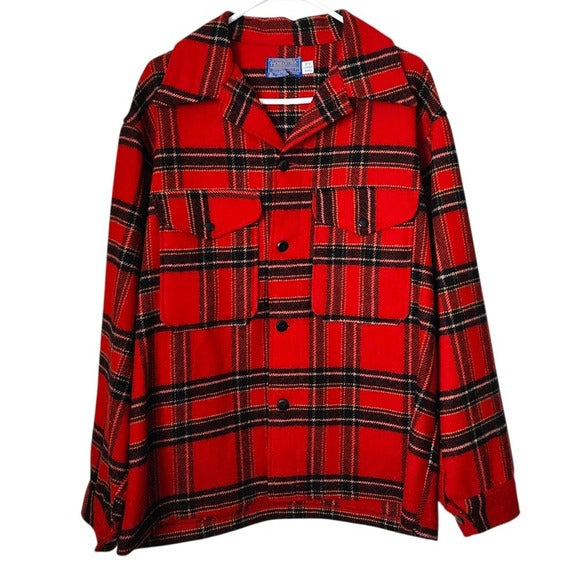 PENDLETON 70s VTG Shacket Red Plaid Wool Jacket Made in USA Button-Up Overshirt L