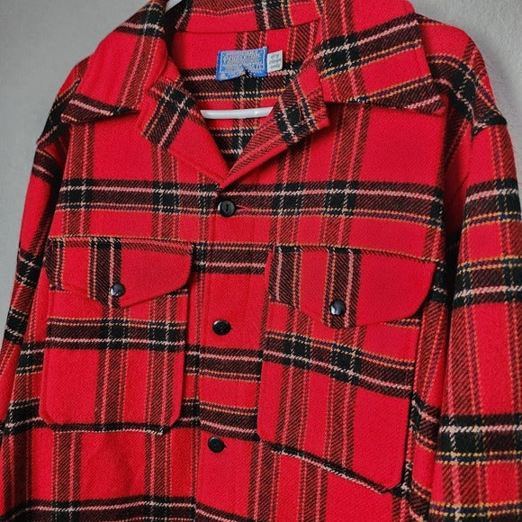 PENDLETON 70s VTG Shacket Red Plaid Wool Jacket Made in USA Button-Up Overshirt L