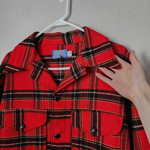 PENDLETON 70s VTG Shacket Red Plaid Wool Jacket Made in USA Button-Up Overshirt L