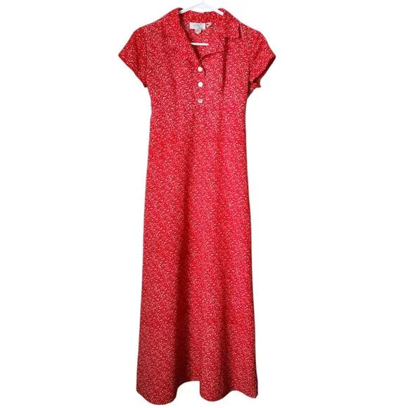 JODY California VTG 90s Red Micro Floral Button Front Maxi Dress Made in USA 3/4