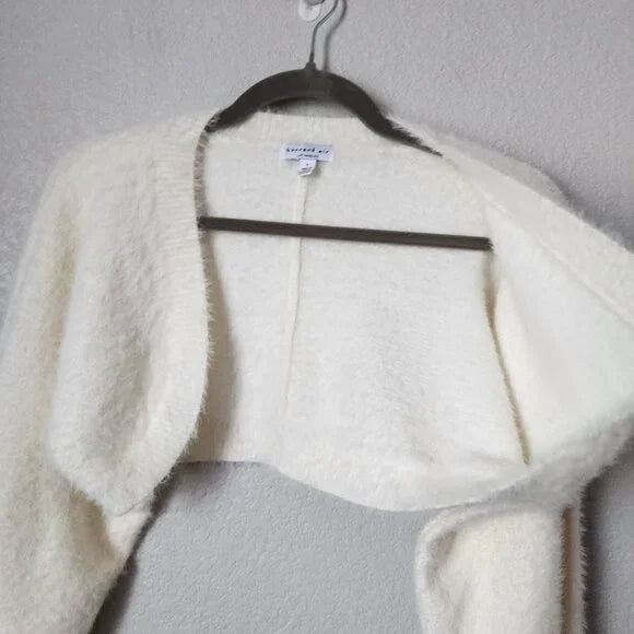 CURRENT AIR Fuzzy Knit Cropped Shrug Cardigan Balloon Sleeve in vanilla cream S