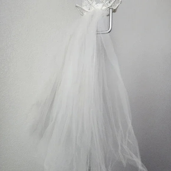 VTG 1980s Wedding Veil 24" Pearl Beaded Crown Tiara Headpiece & Tulle Veil