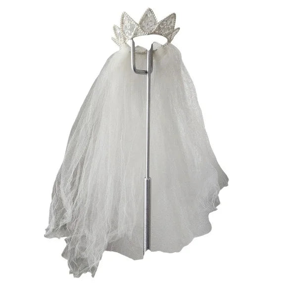 VTG 1980s Wedding Veil 24" Pearl Beaded Crown Tiara Headpiece & Tulle Veil