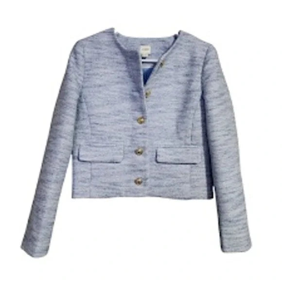 J.CREW Tweed Lady Jacket Blue Textured Blazer Gold Buttons Size 00 CB325
